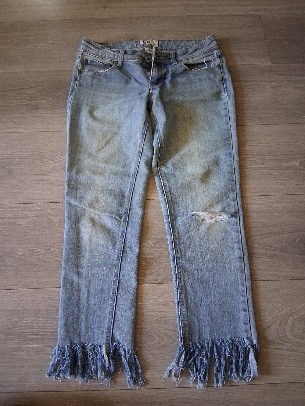 SO Light Wash Distressed Straight Leg Jeans With Fringe Hems